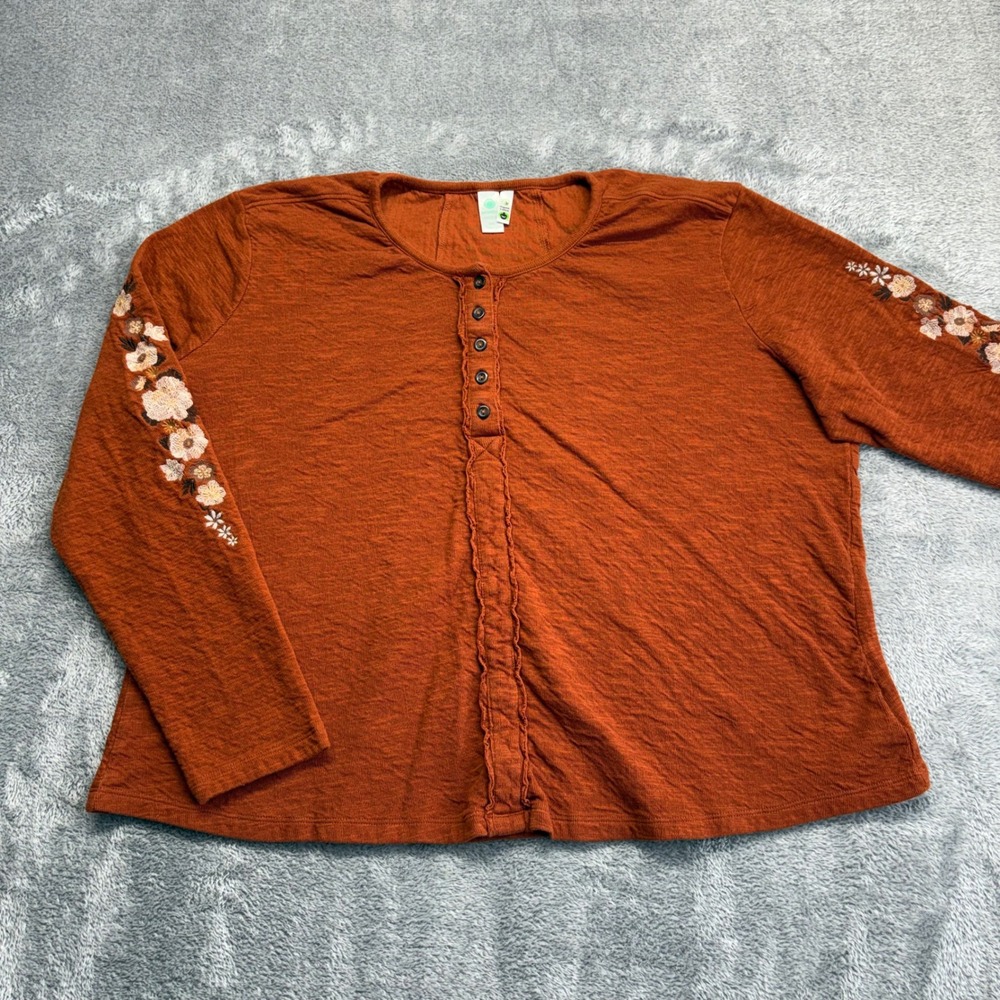 Aventura Henley Top‎ Women XXL Rust Excellent Floral Embroidered Organic Cotton